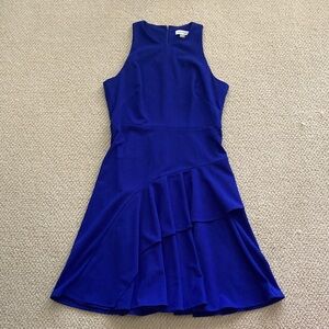 Calvin Klein High Neck Pleated Midi Dress Bright Blue Fit Flare Size 10 Like New